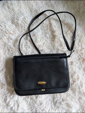 Black Pebbled Leather Crossbody Bag with Gold Accent